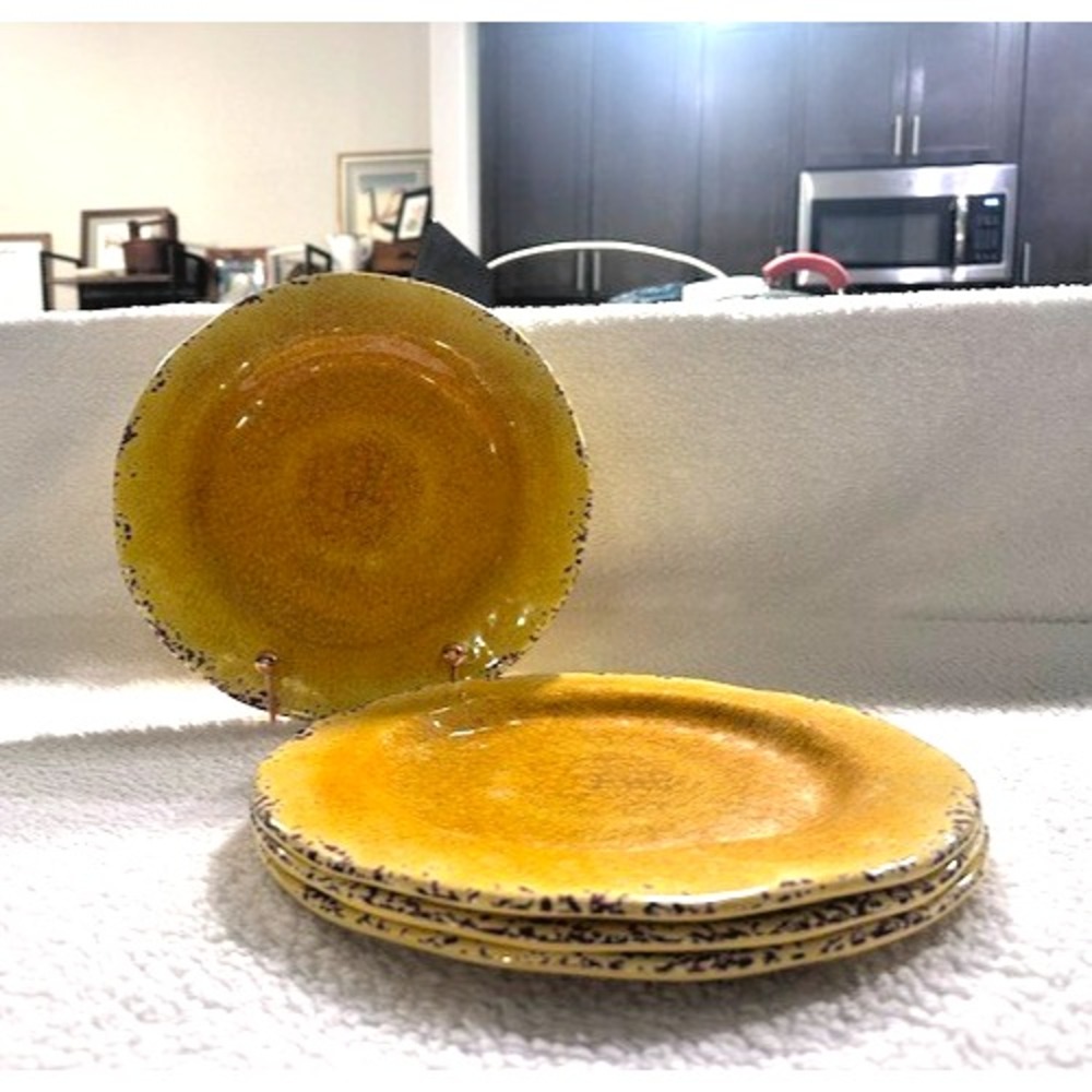 Pier1 Imports Carmelo Yellow Crackle Melamine 11" Dinner Plates Used Set of 4